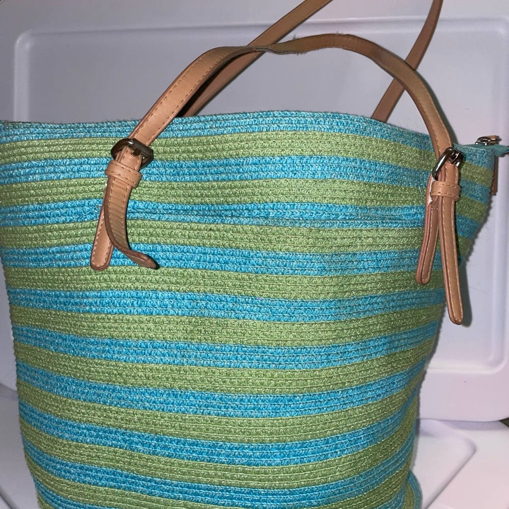 Super fun lime and blue woven tote. Perfect for summer travel!
